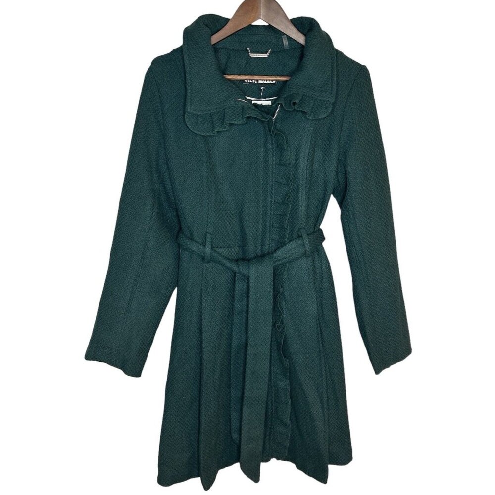 Steve Madden Belted Wool Blend Ruffled Coat Dark Emerald Green Womens Sz L